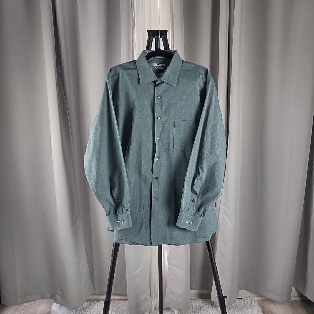 Van Heusen Regular Fit Dress Shirt Mens 17-17.5 34/35 Teal Green Micro Check LS